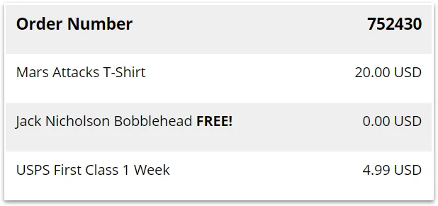 Example of a free item added to an order of a bobblehead
doll.